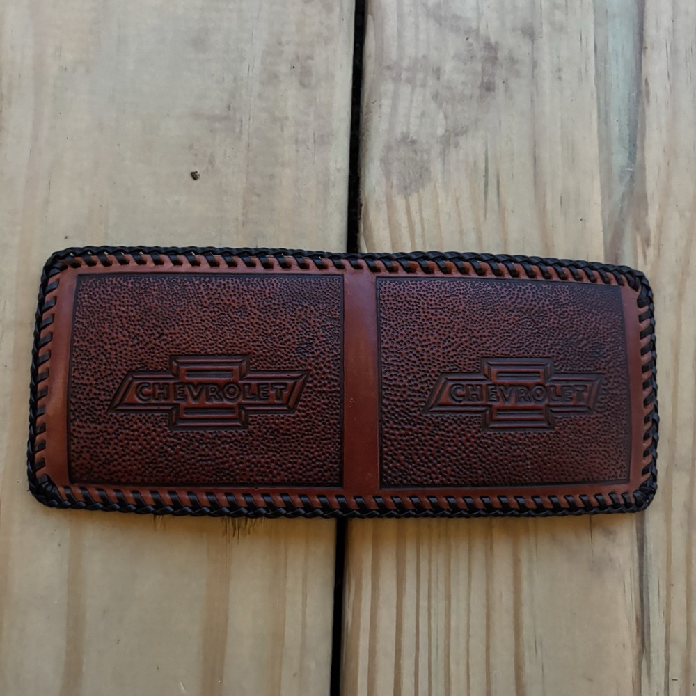 Vintage Chevrolet Leather Wallet Hand Tooled Bifold Whipstitch Handmade USA Made